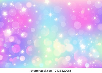 Rainbow gradient sky background. Unicorn space with glitter and stars. Holographic mermaid magic texture with bokeh. Vector wallpaper.