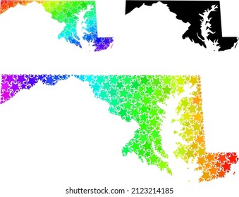 Rainbow gradient star collage map of Maryland State. Vector colored map of Maryland State with rainbow gradients. Mosaic map of Maryland State collage is constructed from chaotic color star items.