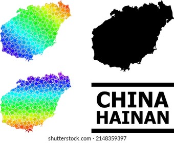 Rainbow gradient star collage map of Hainan Island. Vector colored map of Hainan Island with rainbow gradients. Mosaic map of Hainan Island collage is created from chaotic colored star items.