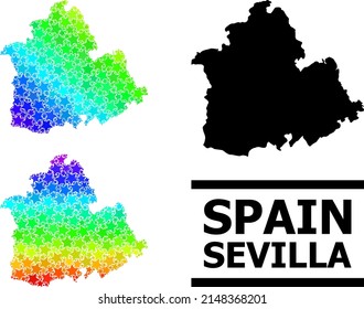 Rainbow gradient star collage map of Sevilla Province. Vector colored map of Sevilla Province with spectrum gradients.