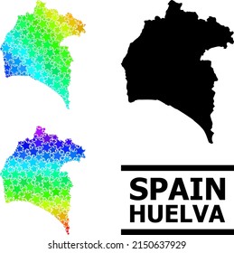 Rainbow gradient star collage map of Huelva Province. Vector colorful map of Huelva Province with rainbow gradients. Mosaic map of Huelva Province collage is made with chaotic colorful star items.
