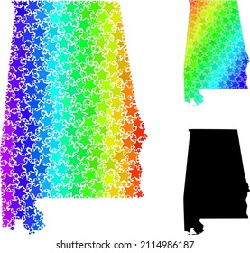 Rainbow gradient star mosaic map of Alabama State. Vector colorful map of Alabama State with rainbow gradients. Mosaic map of Alabama State collage is created with randomized colorful star elements.