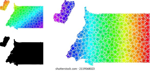 Mapa de mosaicos con estrellas del gradiente arcoiris de Guinea Ecuatorial. Mapa vectorial colorido de Guinea Ecuatorial con gradientes arco iris.