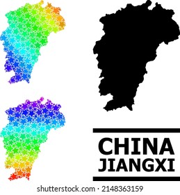 Rainbow gradient star mosaic Map of Jiangxi Province. Vector colored Map of Jiangxi Province with rainbow gradients. Mosaic Map of Jiangxi Province collage is formed of random color star elements.