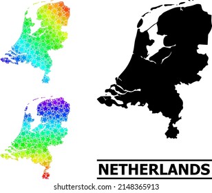 Rainbow gradient star mosaic map of Netherlands. Vector colored map of Netherlands with spectral gradients. Mosaic map of Netherlands collage is constructed with randomized colorful star items.