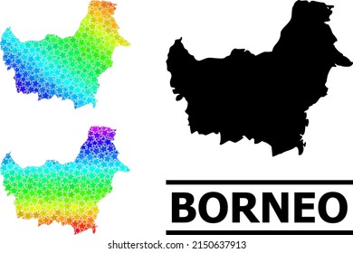 Rainbow gradient star mosaic map of Borneo Island. Vector colored map of Borneo Island with spectrum gradients. Mosaic map of Borneo Island collage is made from random colored star elements.