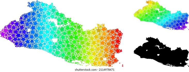 Gradiente arcoiris estelar mapa de collage de El Salvador. Mapa vectorial de El Salvador con gradientes de espectro. El mapa mosaico del collage de El Salvador está diseñado con objetos de estrellas de color al azar.