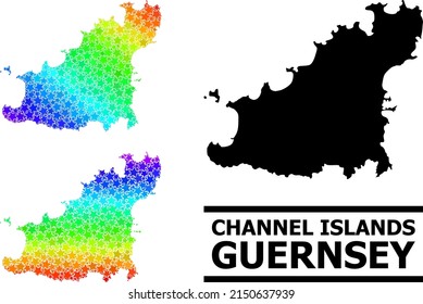 Rainbow gradient starred mosaic map of Guernsey Island. Vector colored map of Guernsey Island with rainbow gradients.
