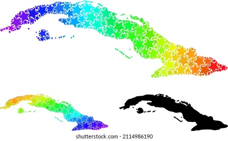 Rainbow gradient stars collage map of Cuba. Vector colorful map of Cuba with rainbow gradients. Mosaic map of Cuba collage is designed with randomized colorful star elements.
