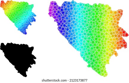 Rainbow gradient stars collage map of Bosnia and Herzegovina. Vector colored map of Bosnia and Herzegovina with rainbow gradients.