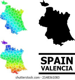 Rainbow gradient stars collage map of Valencia Province. Vector colored map of Valencia Province with rainbow gradients.