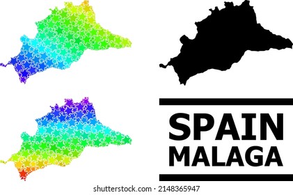 Rainbow gradient stars collage map of Malaga Province. Vector colored map of Malaga Province with rainbow gradients.