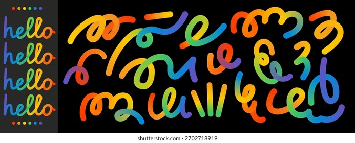 Rainbow gradient swirl lines. Abstract doodle shapes with playful curved strokes. Squiggly vector elements