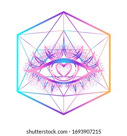 Rainbow gradient tattoo flash. Eye of Providence. Masonic symbol. All seeing eye with heart inside. Sacred geometry, religion, spirituality, occultism. Isolated vector illustration.