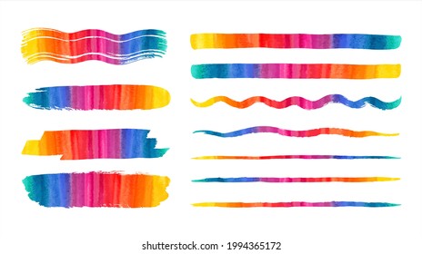 Rainbow gradient watercolor vector brush strokes, long stripes, lines, wavy smears set. Watercolour colorful brushstrokes. Artistic text backgrounds, banners collection, hand drawn graphic elements.