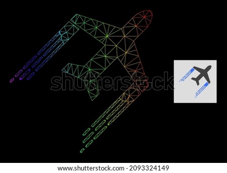 Rainbow gradiented mesh airplane trail icon. Geometric carcass 2D net based on airplane trail icon, generated with triangular mesh net, with rainbow gradient.