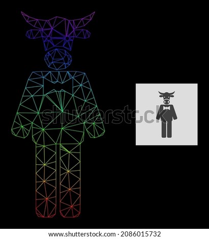 Rainbow gradiented mesh bull gentleman icon. Geometric carcass flat network based on bull gentleman icon, generated with triangle mesh network, with rainbow gradient.