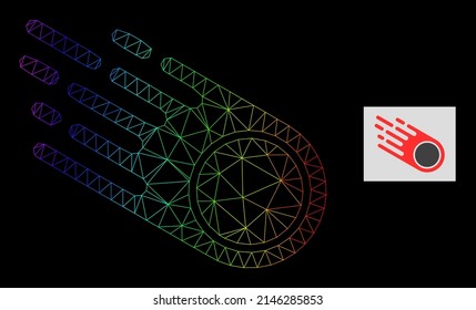 Rainbow gradiented mesh falling meteorite icon. Geometric carcass 2D network is based on falling meteorite icon, generated with polygonal mesh net, with rainbow gradient.
