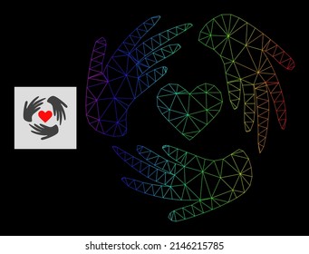 Rainbow-Gitter-Gitter-Handsymbol. Das geometrische 2D-Netz basiert auf einem lieblichen Handzeichen, erzeugt mit dreieckigem Maschenrahmen, mit Regenbogen-Farbverlauf.