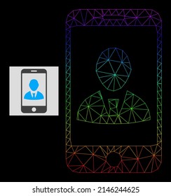 Rainbow gradiented mesh mobile user profile icon. Geometric frame flat net is based on mobile user profile icon, generated with triangle mesh net, with rainbow gradient.