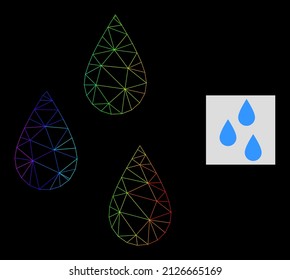 Rainbow gradiented mesh water drops icon. Geometric carcass flat net is based on water drops icon, generated with polygonal mesh net, with rainbow gradient.