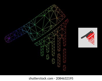 Rainbow-Messer-Ikone mit Nettomaterial für Blutbuttereien. Geometrisches 2D-Netz auf der Grundlage eines Metzgermessers aus Blut, erzeugt mit Dreieck-Netz, mit Regenbogenverlauf.