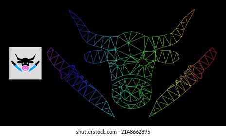 Rainbow gradiented net cow butchery icon. Geometric carcass 2D net based on cow butchery icon, generated with triangle mesh net, with spectral gradient.