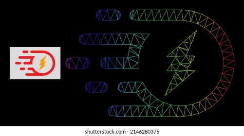 Rainbow gradiented net electric participle icon. Geometric frame flat net is based on electric participle icon, generated with polygonal mesh net, with rainbow gradient.