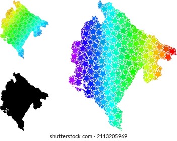 Rainbow gradiented star collage map of Montenegro. Vector vibrant map of Montenegro with rainbow gradients. Mosaic map of Montenegro collage is organized with chaotic colorful star items.
