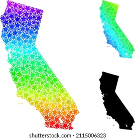 Rainbow gradiented star collage map of California. Vector colored map of California with spectrum gradients. Mosaic map of California collage is done of random colored star items.