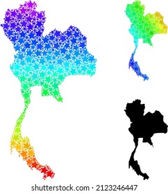 Rainbow gradiented star collage map of Thailand. Vector colorful map of Thailand with spectrum gradients. Mosaic map of Thailand collage is formed with randomized colored star items.
