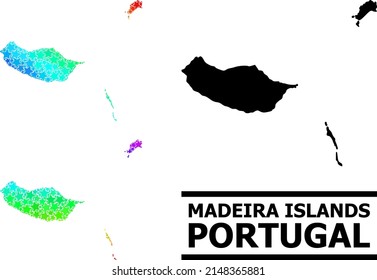 Rainbow gradiented star collage map of Madeira Islands. Vector colored map of Madeira Islands with rainbow gradients.