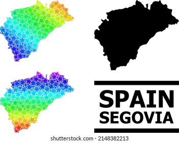 Rainbow gradiented star collage map of Segovia Province. Vector colored map of Segovia Province with spectrum gradients.