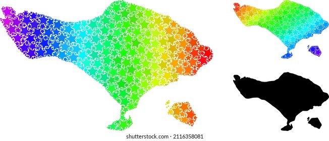 Rainbow gradiented star mosaic map of Bali Island. Vector colorful map of Bali Island with rainbow gradients. Mosaic map of Bali Island collage is organized with chaotic colorful star elements.