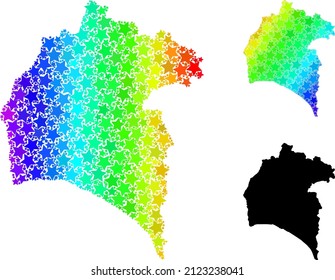 Rainbow gradiented star mosaic map of Huelva Province. Vector colorful map of Huelva Province with spectral gradients.