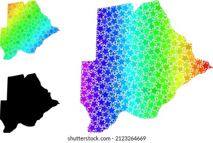 Rainbow gradiented star mosaic map of Botswana. Vector colorful map of Botswana with rainbow gradients. Mosaic map of Botswana collage is organized with chaotic colorful star items.
