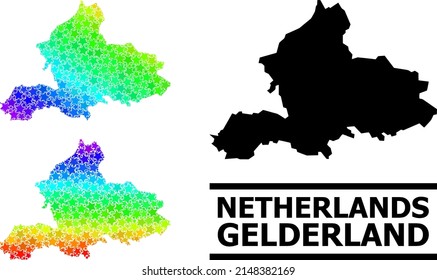 Rainbow gradiented star mosaic map of Gelderland Province. Vector vibrant map of Gelderland Province with rainbow gradients.