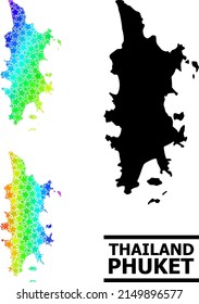 Rainbow gradiented star mosaic map of Phuket. Vector colorful map of Phuket with rainbow gradients. Mosaic map of Phuket collage is constructed with scattered colored star items.