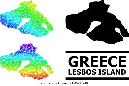 Rainbow gradiented star mosaic map of Lesbos Island. Vector colorful map of Lesbos Island with spectral gradients. Mosaic map of Lesbos Island collage is formed from random colorful star elements.