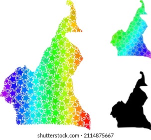 Rainbow gradiented starred collage map of Cameroon. Vector colored map of Cameroon with rainbow gradients. Mosaic map of Cameroon collage is created with scattered colored star elements.