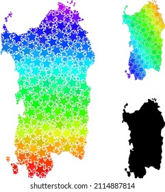Rainbow gradiented starred collage map of Sardinia region. Vector colored map of Sardinia region with spectral gradients. Mosaic map of Sardinia region collage is done with chaotic colored star items.