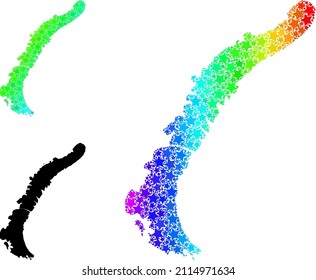 Rainbow gradiented starred collage map of Novaya Zemlya Islands. Vector colored map of Novaya Zemlya Islands with spectrum gradients.