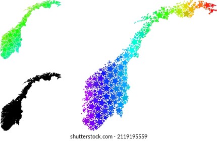 Mapa de collage estelar de Noruega con gradiente arcoiris. Mapa vibrante vectorial de Noruega con gradientes arco iris. El mapa mosaico del collage noruego está diseñado con elementos estrella de color dispersos.