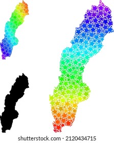 Rainbow gradiented starred mosaic map of Sweden. Vector colored map of Sweden with rainbow gradients. Mosaic map of Sweden collage is organized with scattered colored star items.