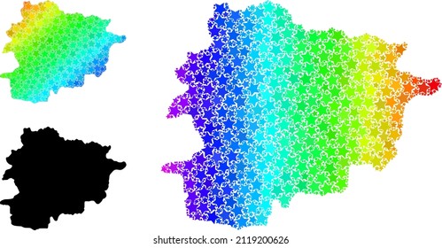 Rainbow-Sortierte Sternenkollektionskarte von Andorra. Vektorfarbene Karte von Andorra mit Regenbogengradienten. Die Mosaikkarte der Andorra-Collage besteht aus verstreuten, farbigen Sternen.