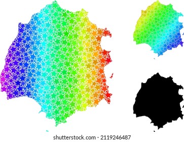 Rainbow gradiented stars collage map of Thassos Island. Vector colorful map of Thassos Island with spectrum gradients. Mosaic map of Thassos Island collage is done with chaotic colorful star elements.