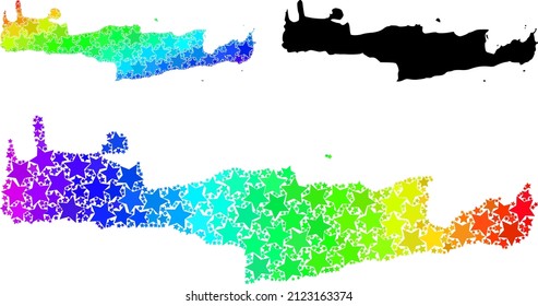 Rainbow gradiented stars mosaic map of Crete Island. Vector colored map of Crete Island with rainbow gradients. Mosaic map of Crete Island collage is organized from random colored star elements. svg