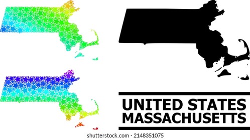 Rainbow gradiented stars mosaic map of Massachusetts State. Vector colored map of Massachusetts State with spectral gradients.