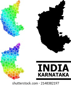 Rainbow gradiented stars mosaic map of Karnataka State. Vector colorful map of Karnataka State with rainbow gradients. Mosaic map of Karnataka State collage is made with scattered colorful star items.