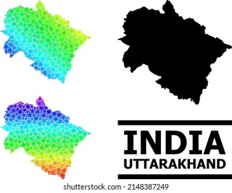 Rainbow-Sterne-Mosaikkarte des Bundesstaates Uttarakhand. Vektorfarbige Karte des Bundesstaates Uttarakhand mit Regenbogengradienten.
